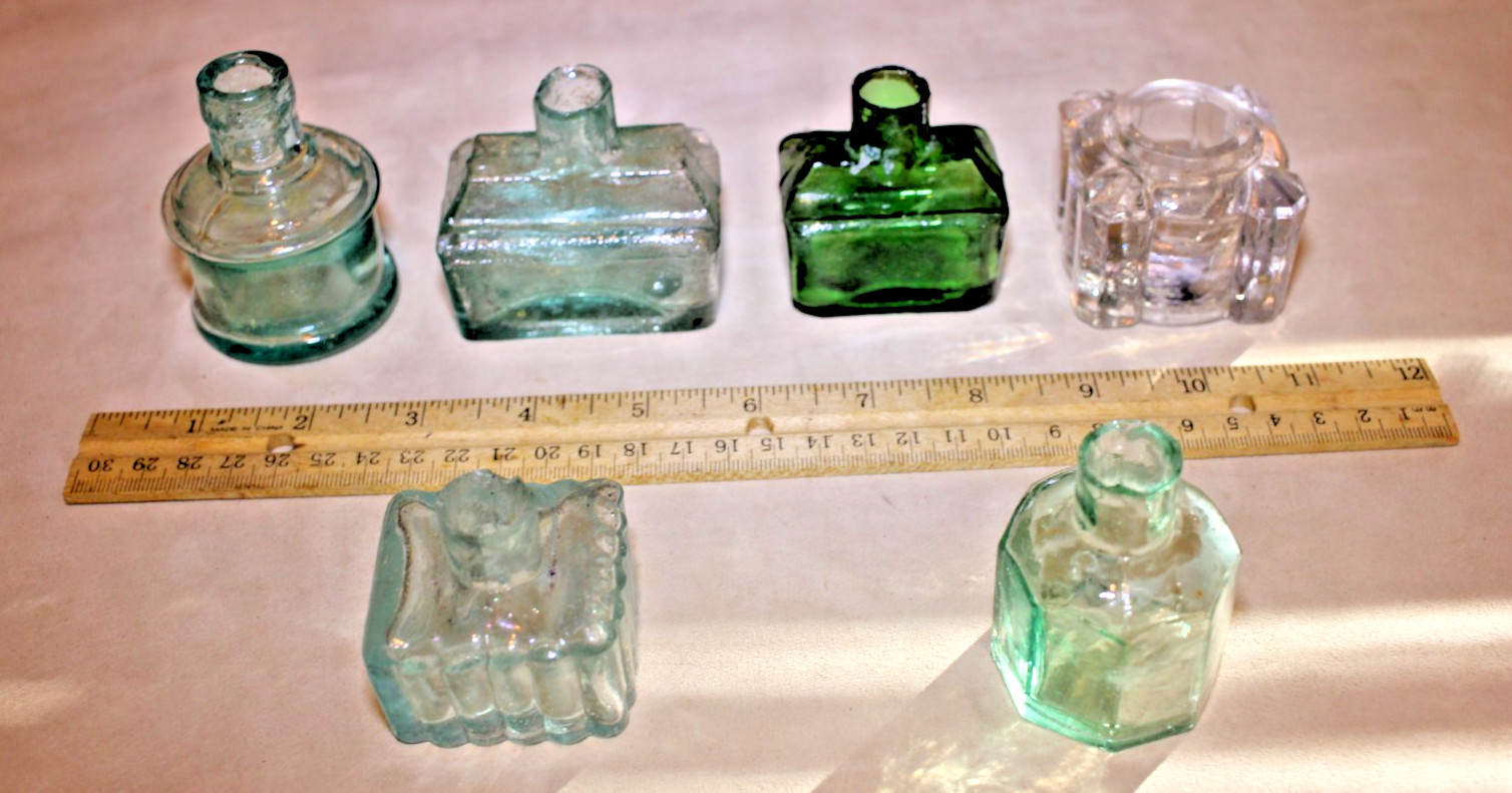 Lot of 6 Antique 1800s Glass Ink Bottles & Inkwell - VERY CLEAN AND CLEAR
