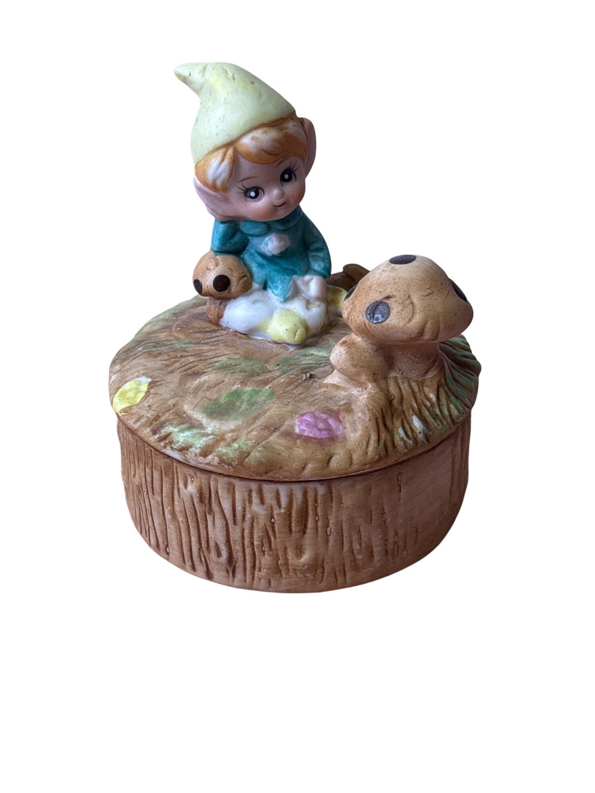 Vtg 70s HOMCO Pixie Elf Gnome Garden Mushroom Trinket Box Dish 5404 3.5 inches
