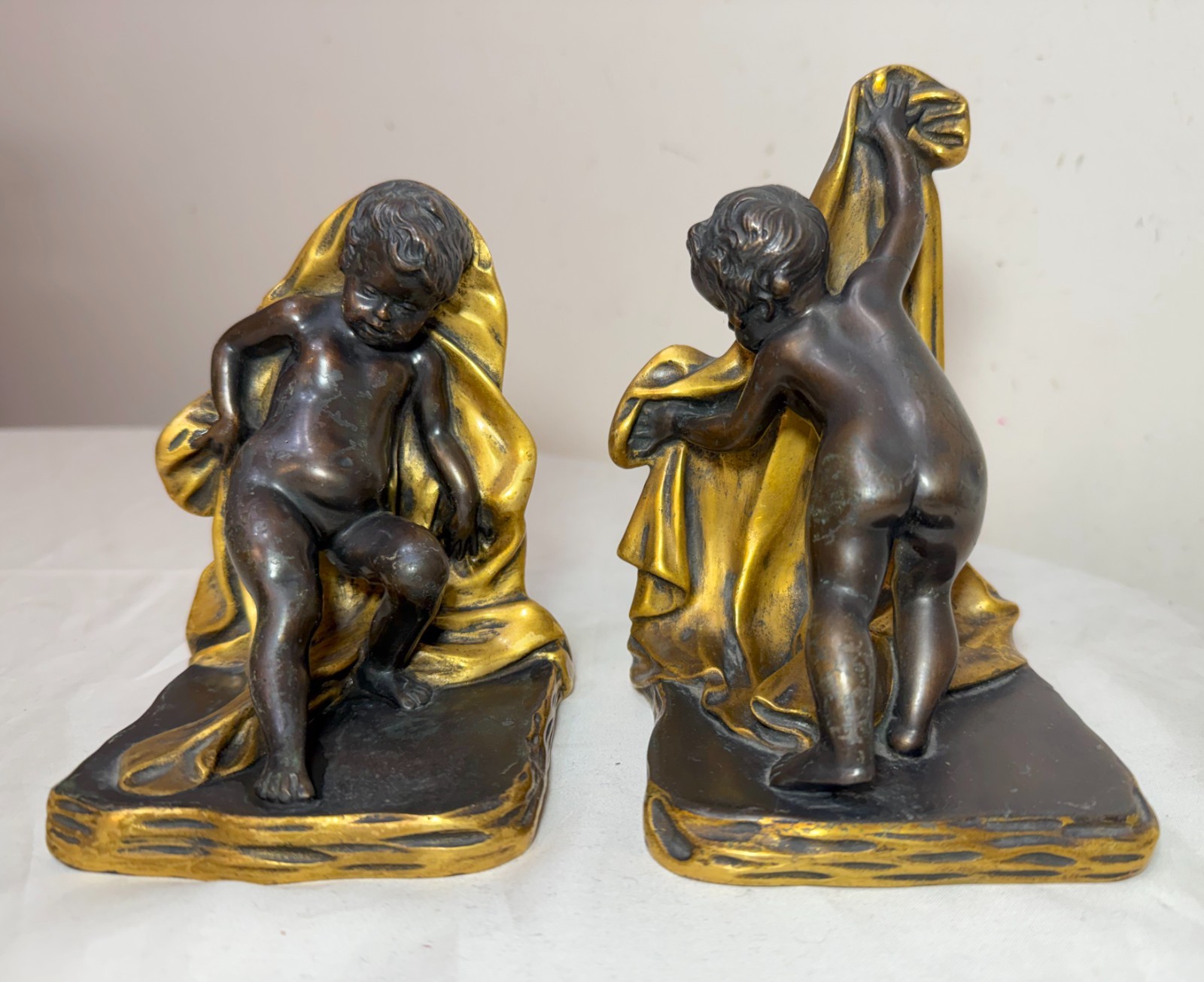 Pair of antique 1800's Sterling Bronze co cherub putti ormolu patinated bookends