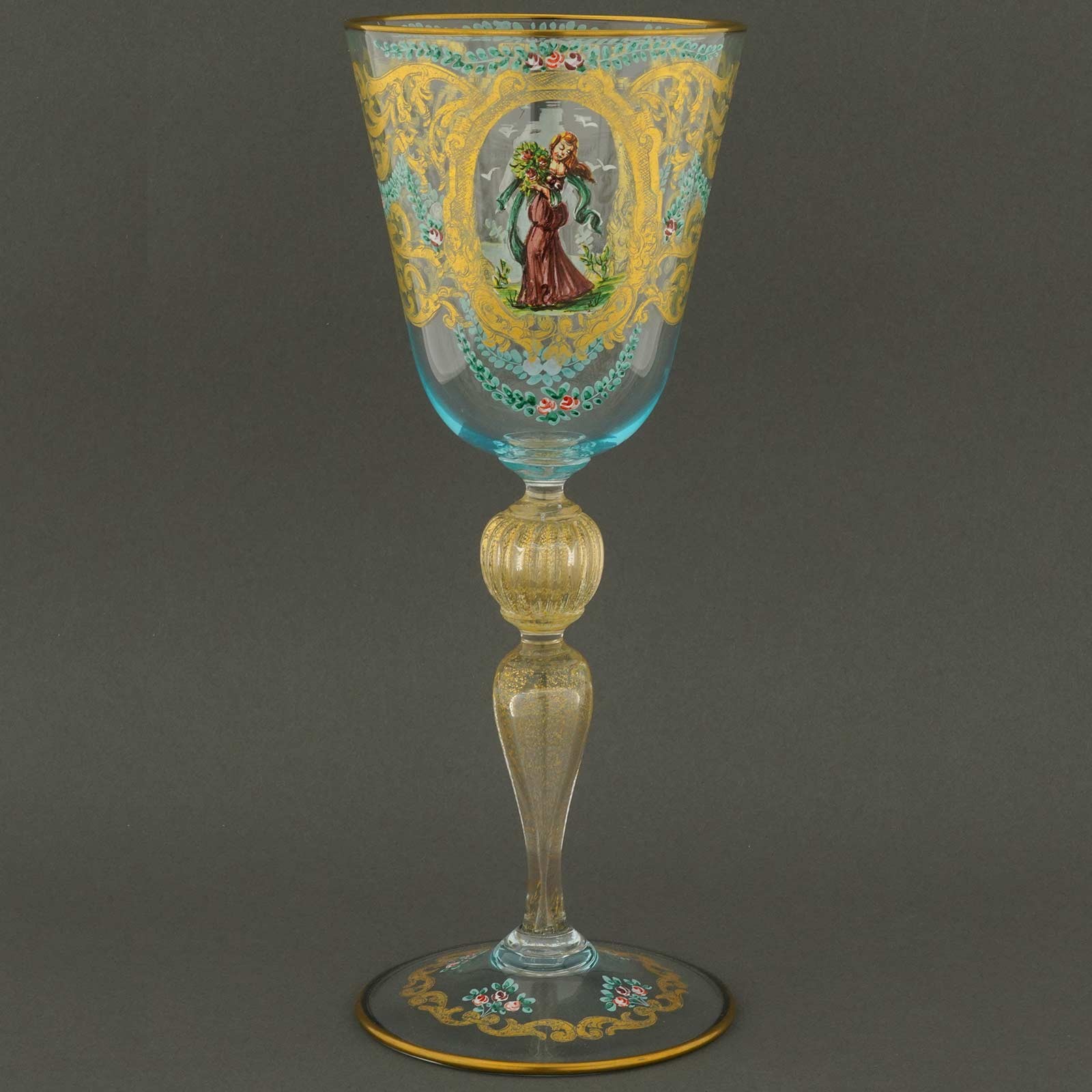 GlassOfVenice Vintage Salviati Murano Glass Wine Glass with Gold Leaf and Floral