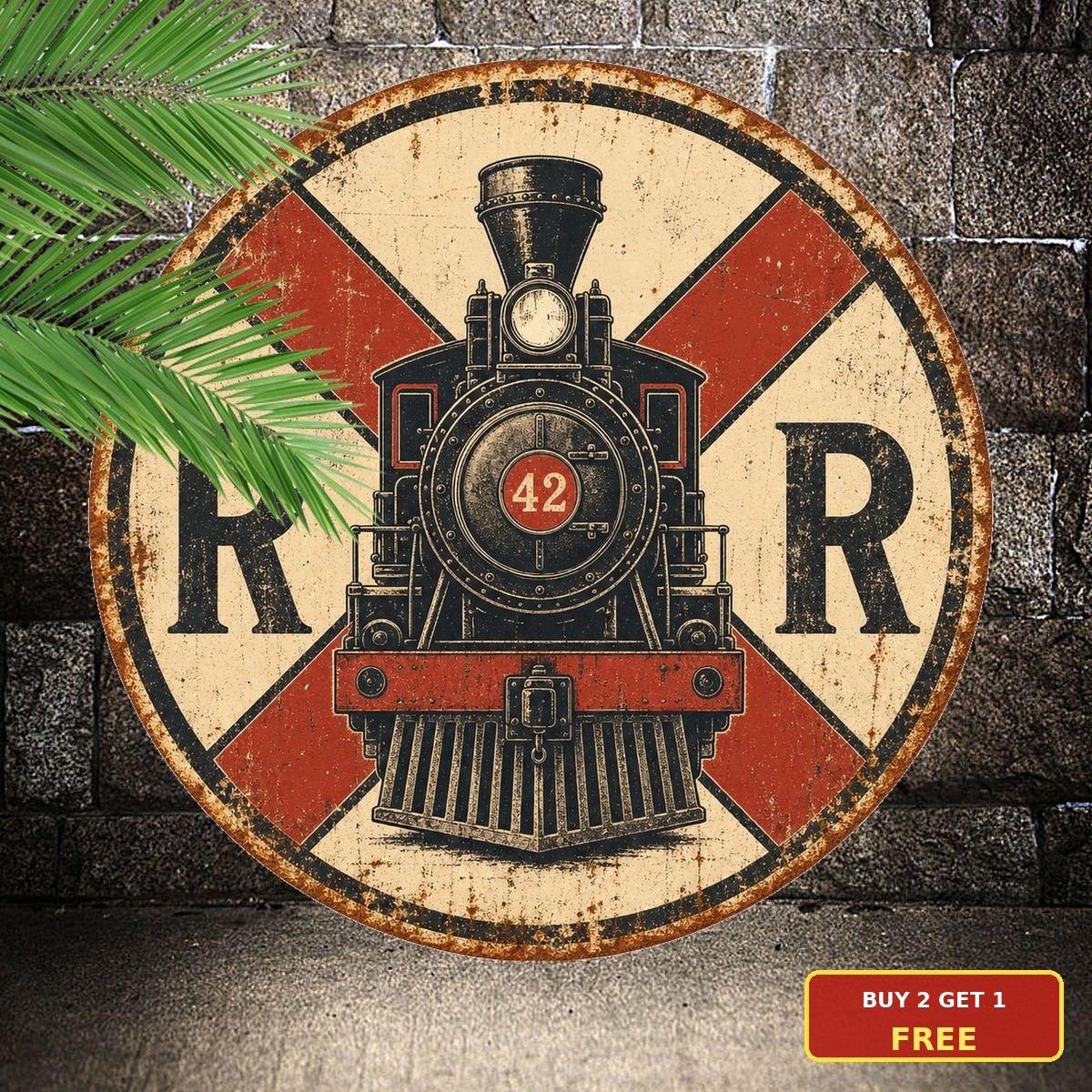 Vintage Locomotive Steam Train Railroad Crossing Sign Round 8x8 Garage Wall Art