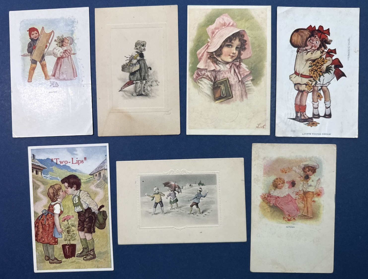 Nice Mixture 7 Children Greetings Antique Postcards. Drawn. Romance. Winter