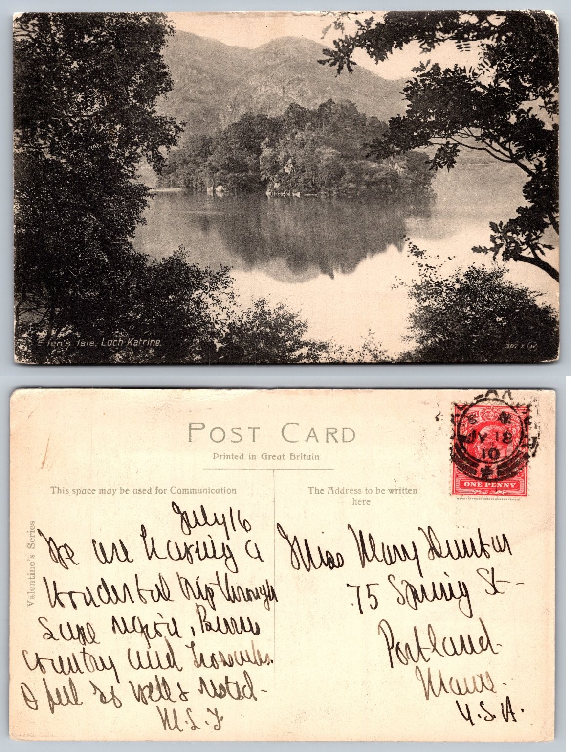 Ellen\'s Isle Loch Katrine Scotland RPPC Postcard 1910 Posted UK to USA