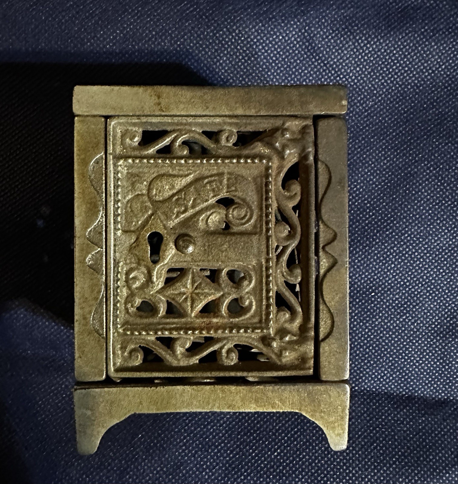 Ornate Cast Metal Match Holder Box w/ Hinged Door, Keyhole Pat. Apr 20 1909