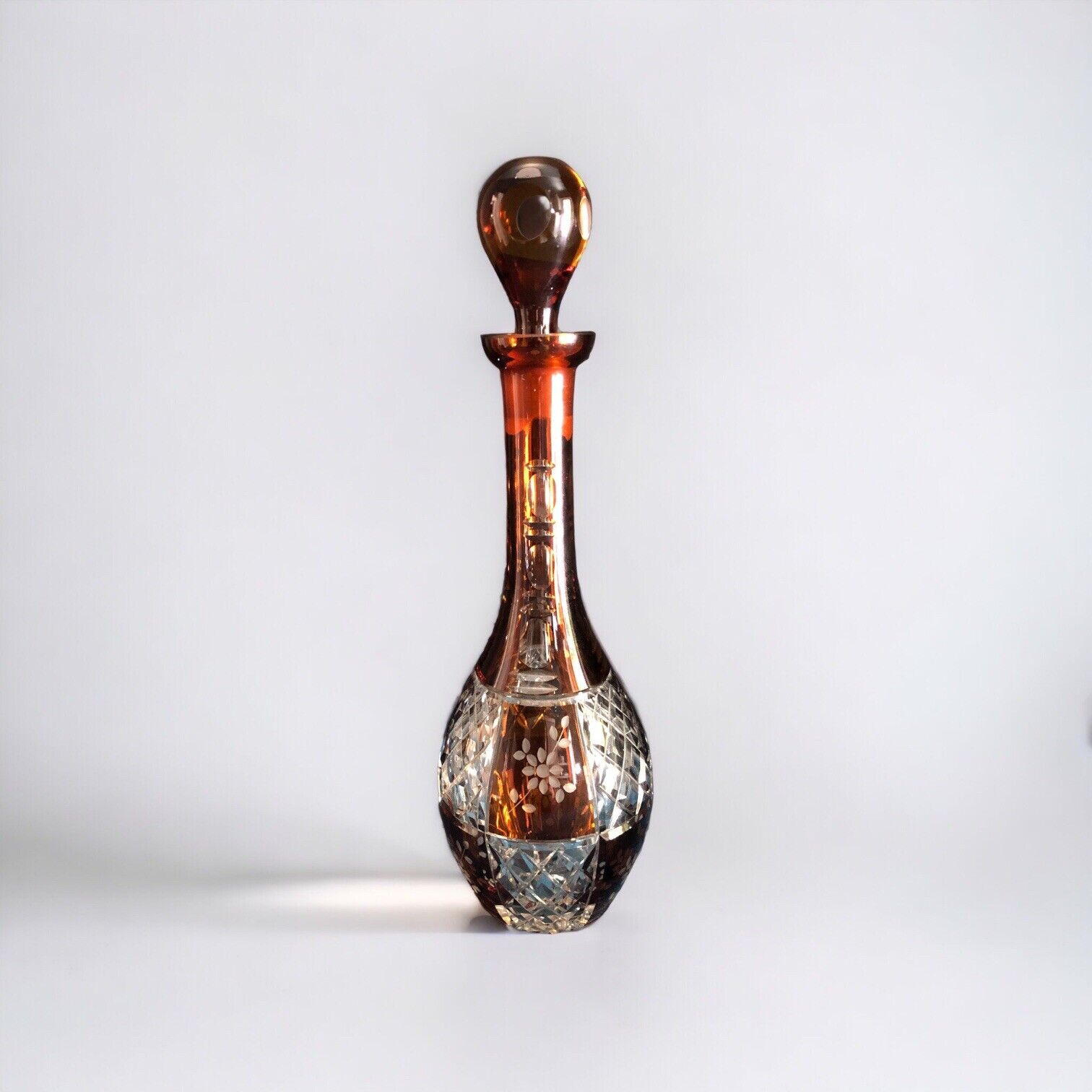 Amber Crystal Decanter With Glass Stopper Clear Engraved Pattern 