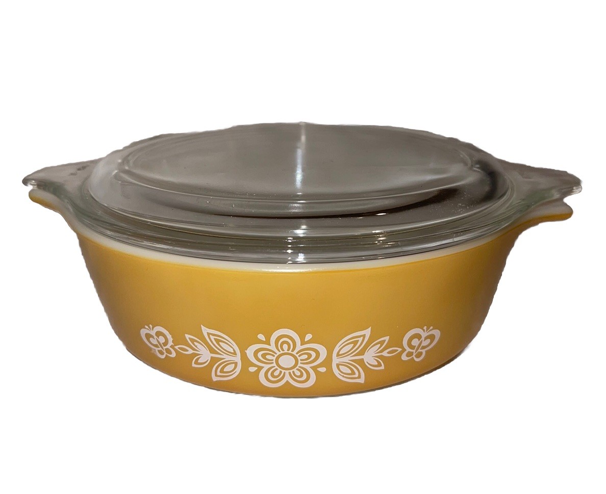 Nice Pyrex 1 Pint Casserole Dish W/ Clear Lid Butterfly Gold Ovenware VTG Nice Pyrex 1 Pint Casserole Dish W/ Clear Lid Butterfly Gold Ovenware VTG