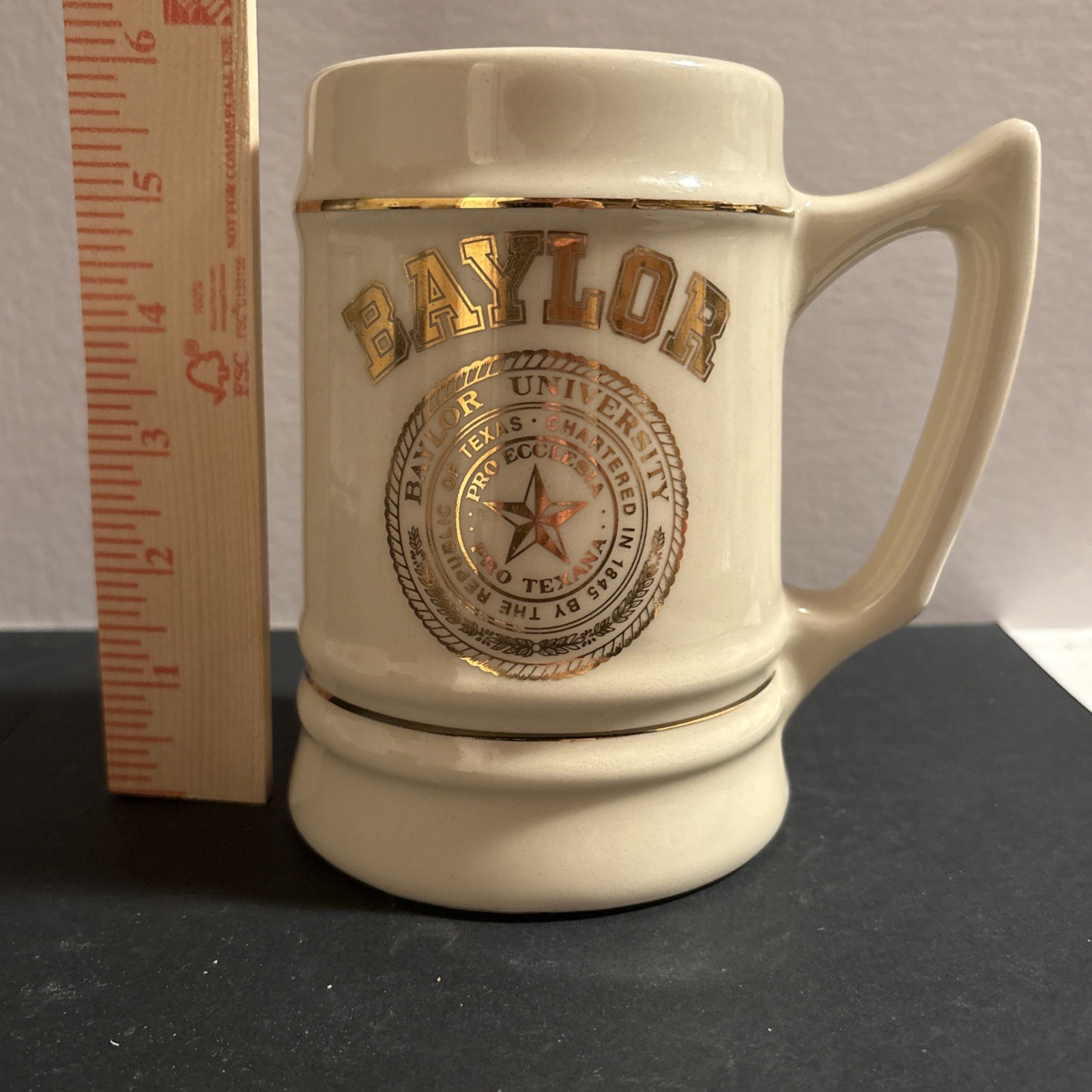 Vtg Baylor University Beer Stein Mug Ivory Ceramic Emblem Gold Trim