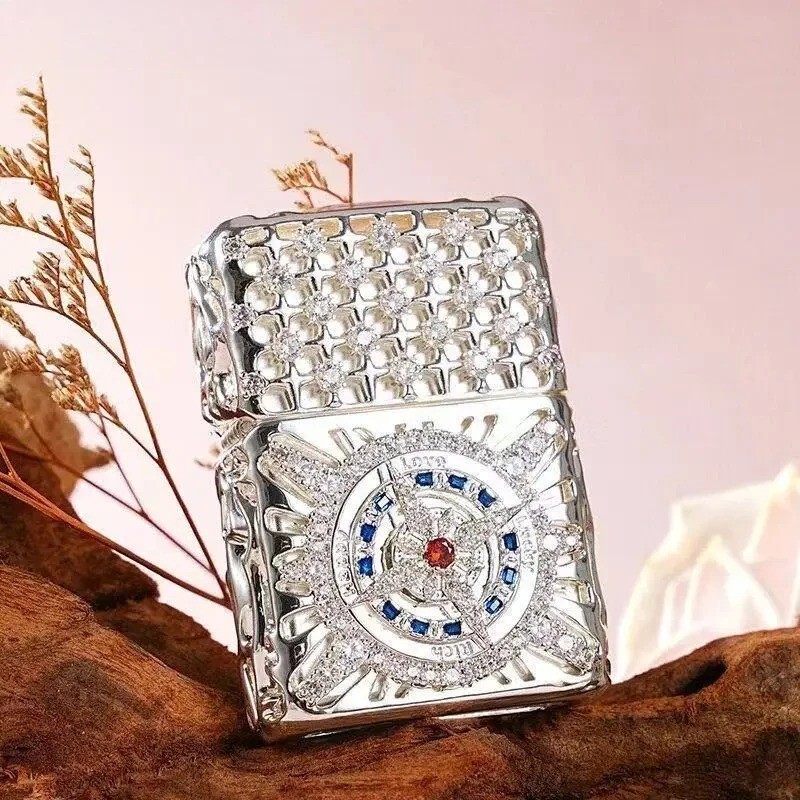 Luxury Brass Diamond Set Fuel Lighter Windproof Flint Wheel Gift Box for Men NEW