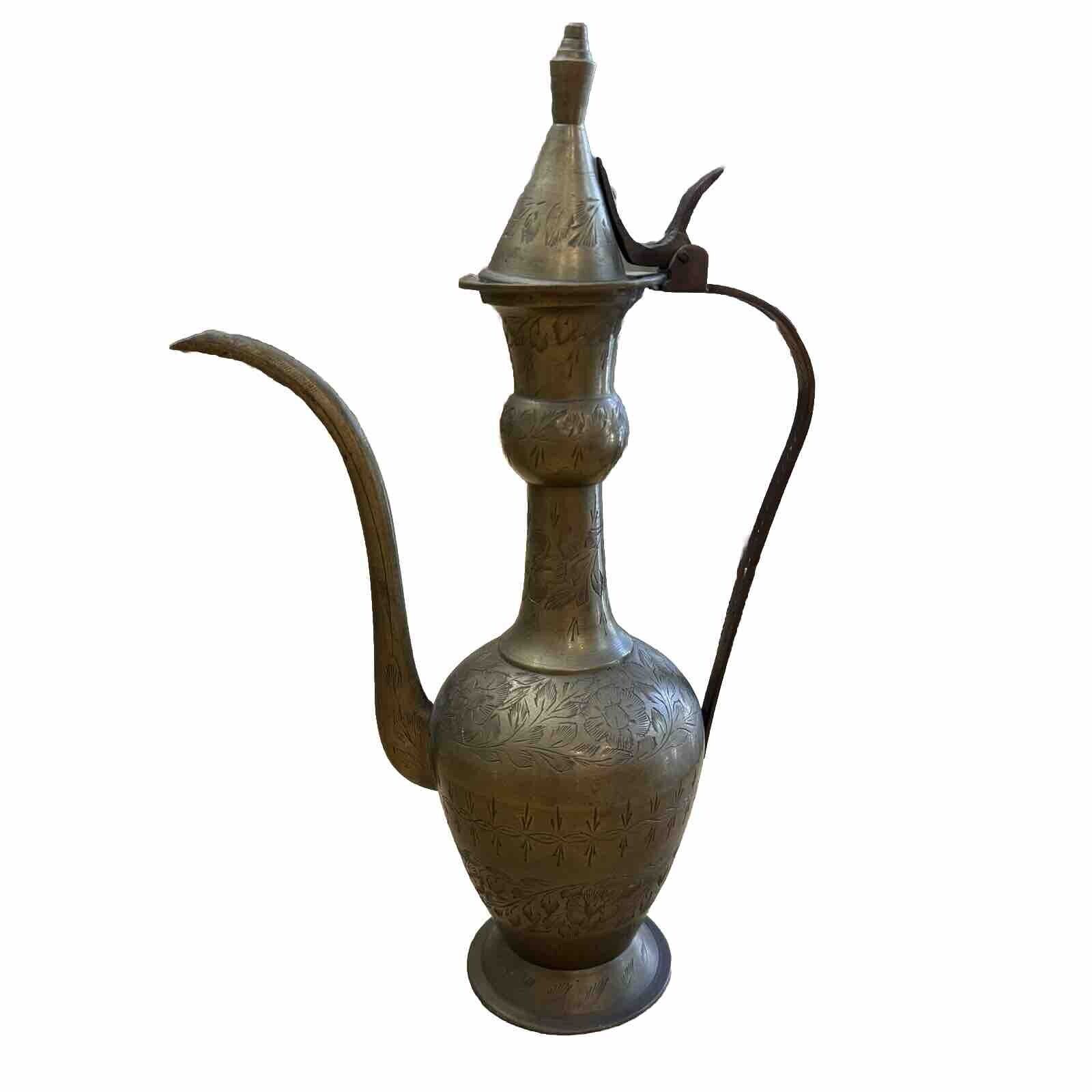 Vintage Aftaba Ewer Indian Engraved Brass Teapot Coffee Pot Pitcher 11.5”