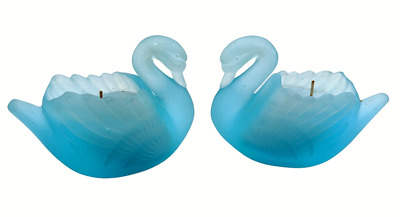 Set of 2 Vintage Blue Satin Glass Swan Figurine Candle Holder Trinket dish