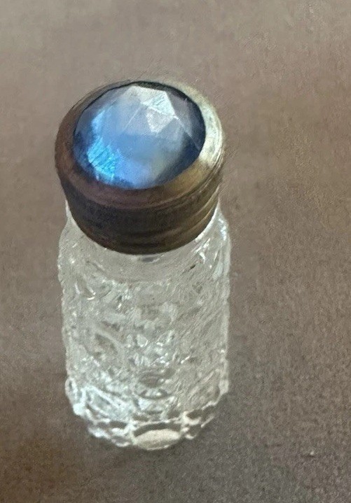 Vintage Czech Irice Mini Perfume Bottle Blue Jeweled Faceted top STUNNING 💕