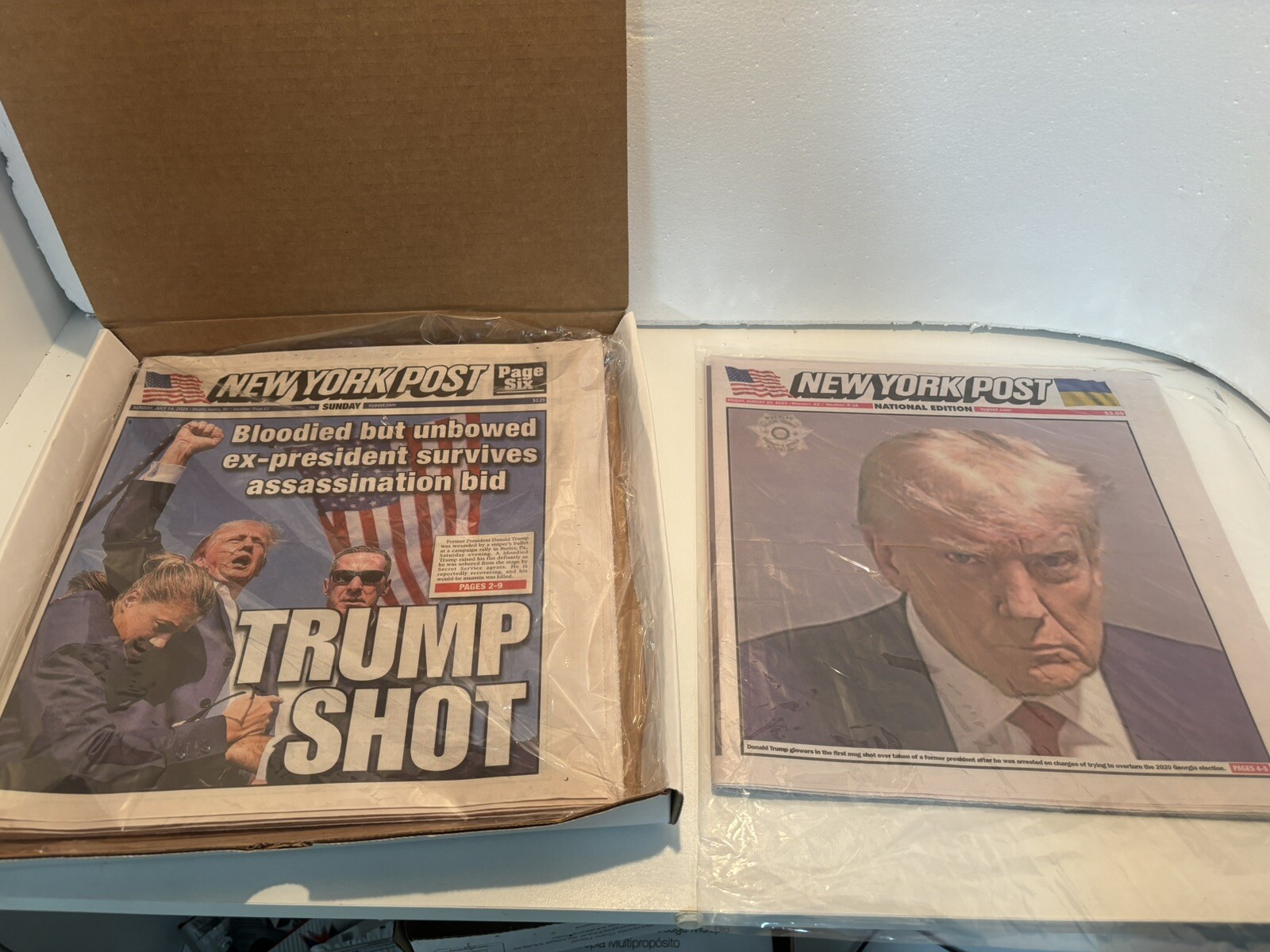 TWO HISTORIC TRUMP NEWSPAPERS: TRUMP SHOT ASSASSINATION AND MUGSHOT NY POST