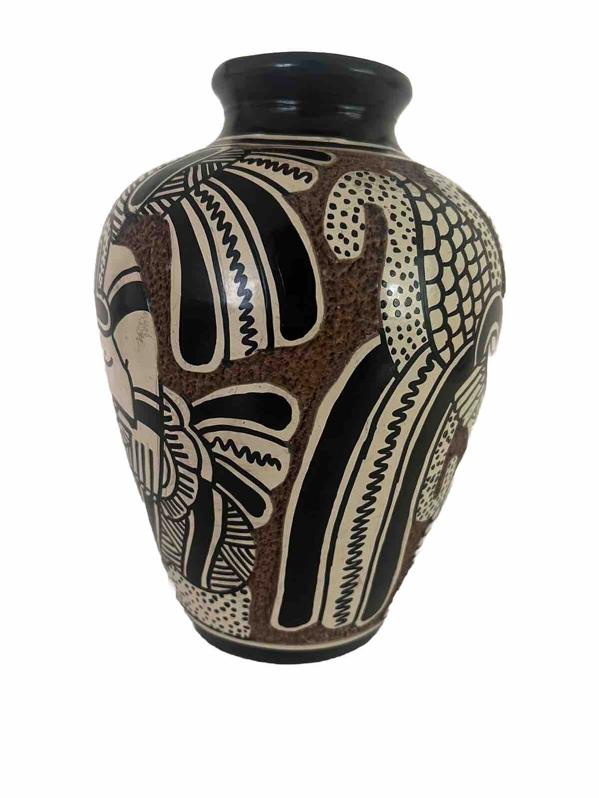 Vintage Aztec Inca Mayan Vase Hand Painted Carved Mexico Pottery Approx 8” Tall
