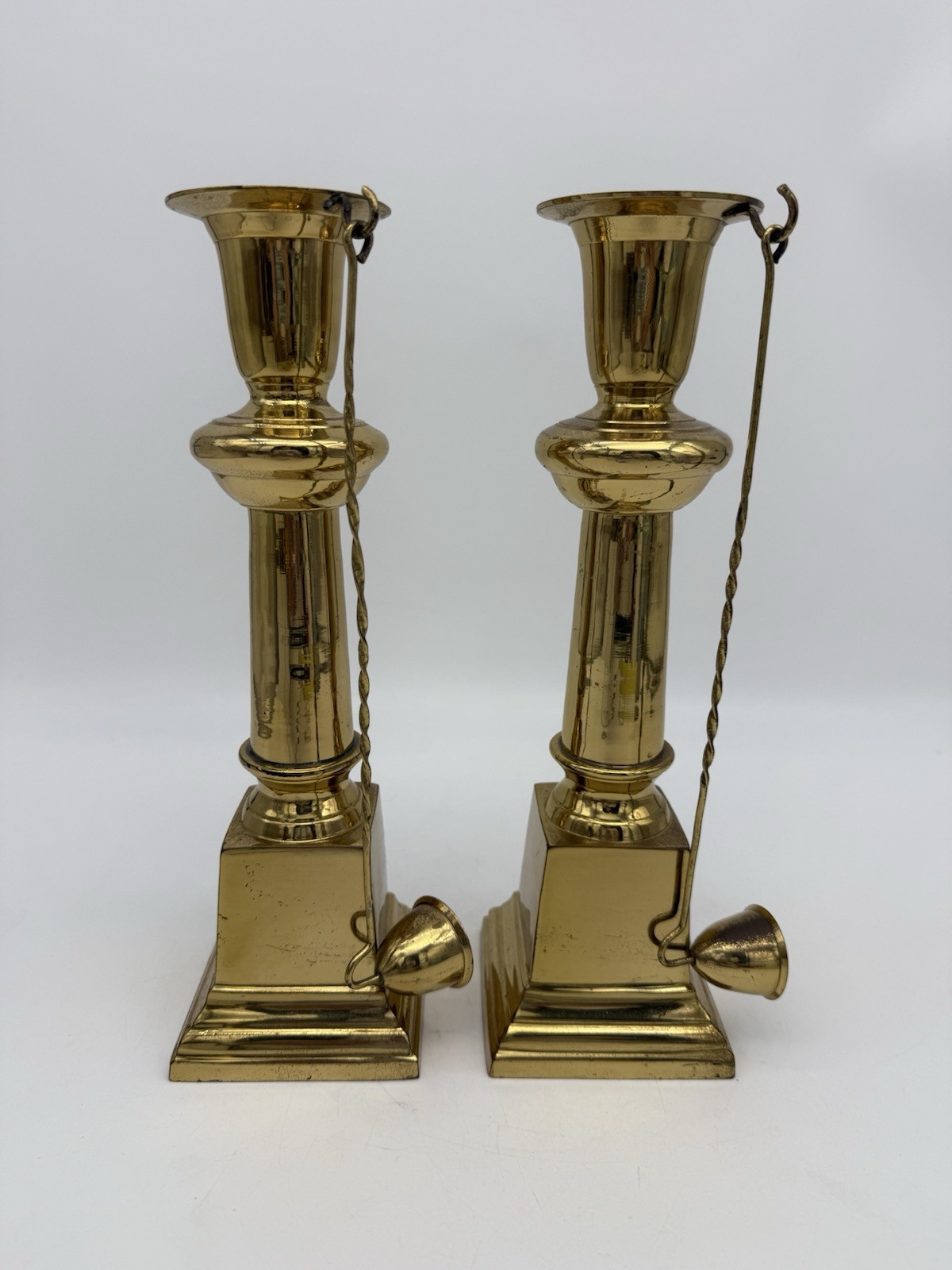 2 EUC Vintage Brass Candle Sticks Square Base with Snuffer Hooks And Snuffer