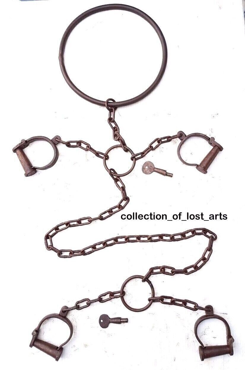 Handcrafted Vintage Old Antique Iron Rare Neck, Leg & Hand Handcuffs 62\