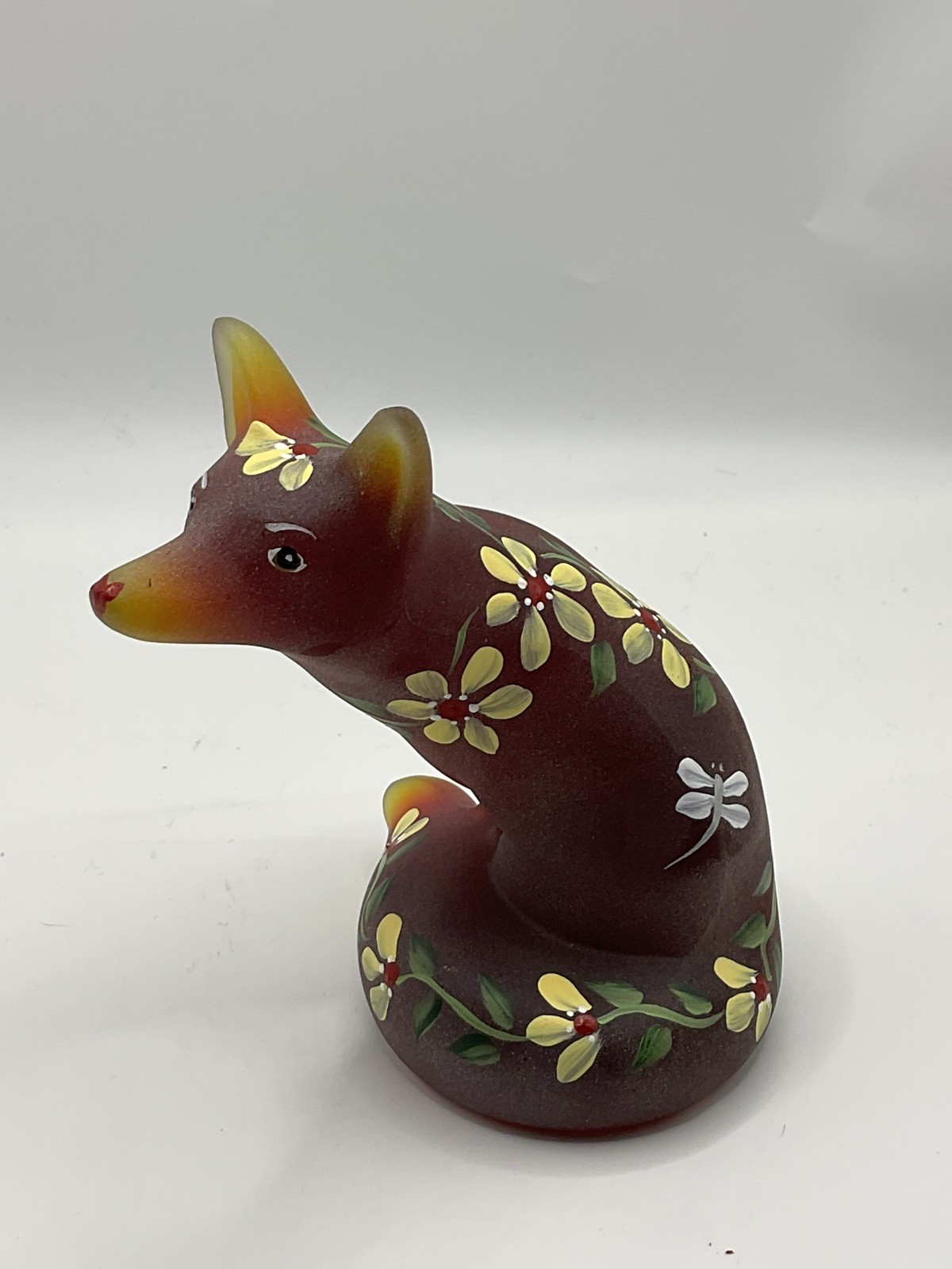 Fenton Hand Painted OOAK Stylized Ruby Fox Floral Design by Melissa Caplinger