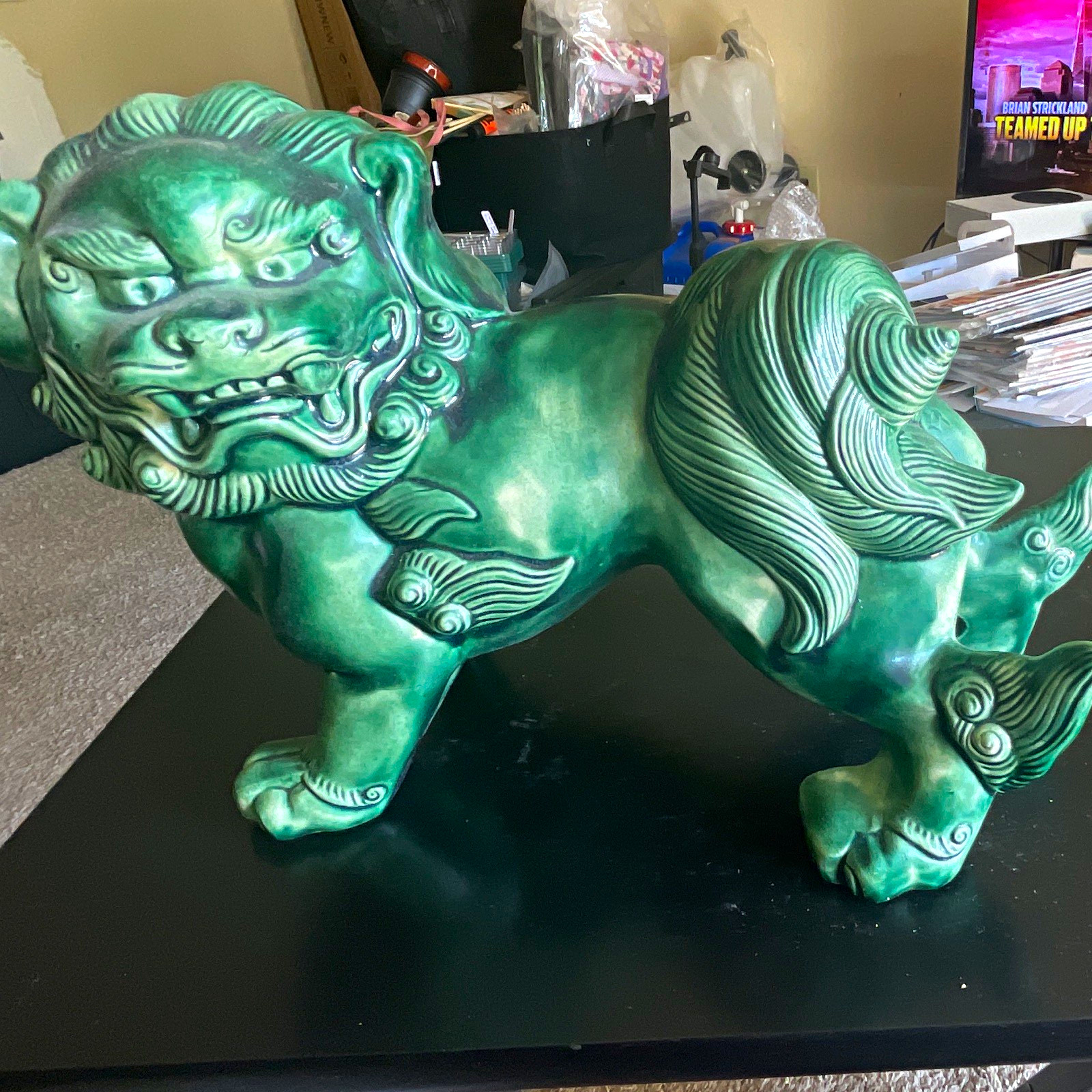 Green Glazed Ceramic Foo Dog Lion Statue Figurine Sculpture, 3D Effect