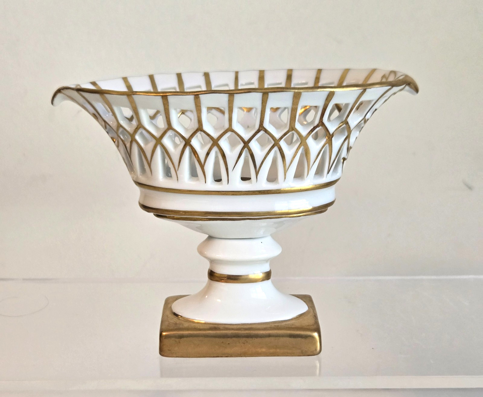 Vintage Andrea by Sadek Reticulated Gold Gilt White Porcelain Regency Basket
