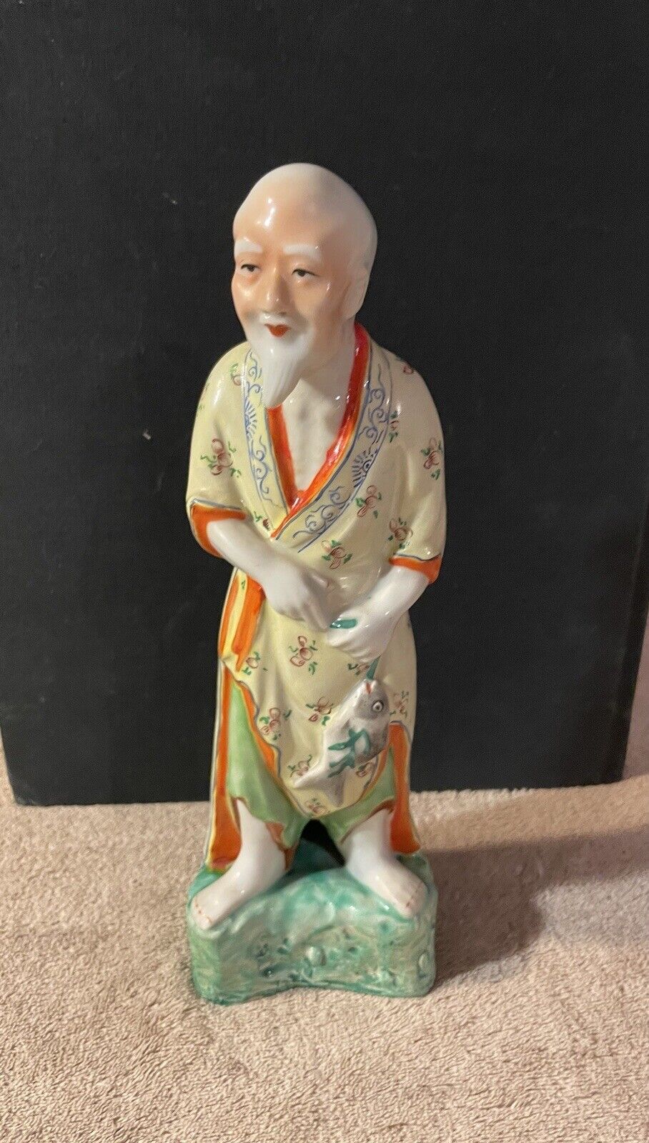 Vintage Asian Chinese Elder Man Holding Fish 9.5” Porcelain Figurine Statue
