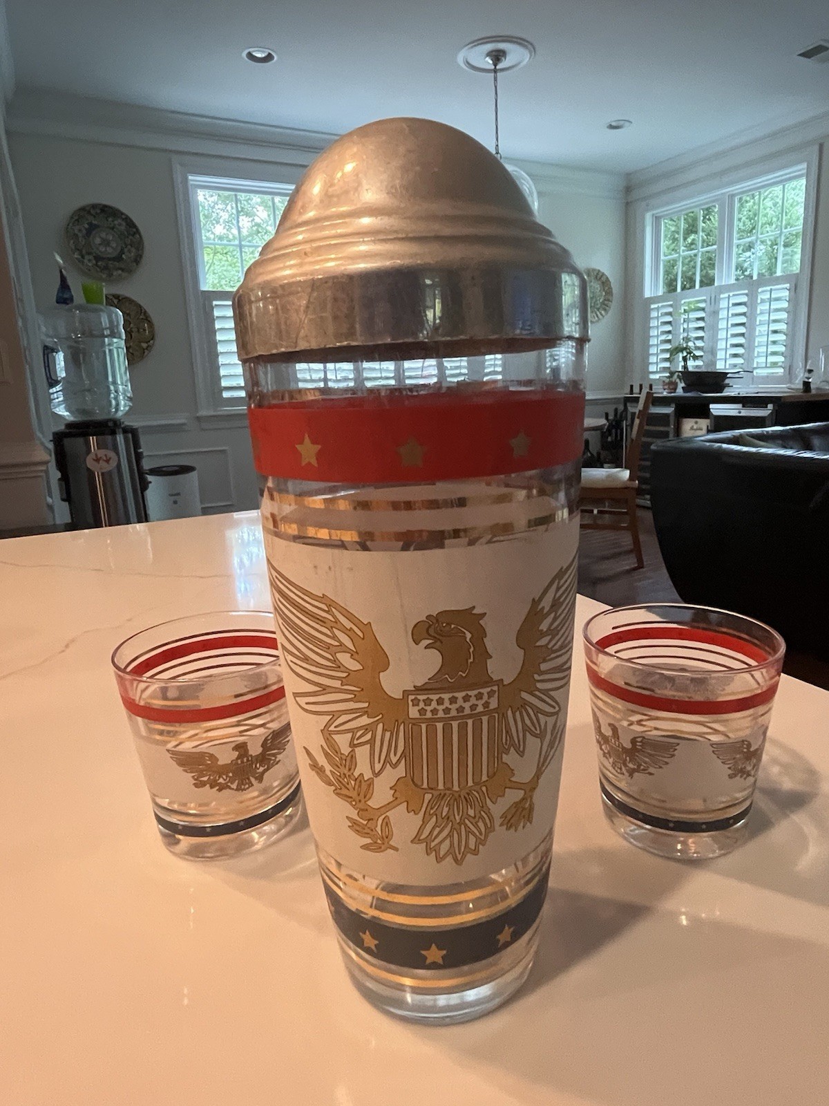 Vintage MCM Patriotic Eagle Cocktail Shaker and Glasses