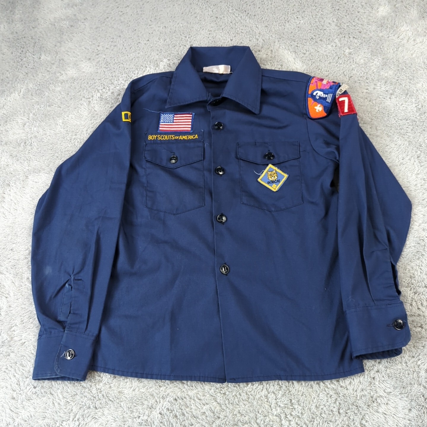 Vintage BSA Boy Scout Cub Shirt Size 12 Blue Button Up Uniform Patches Sewn