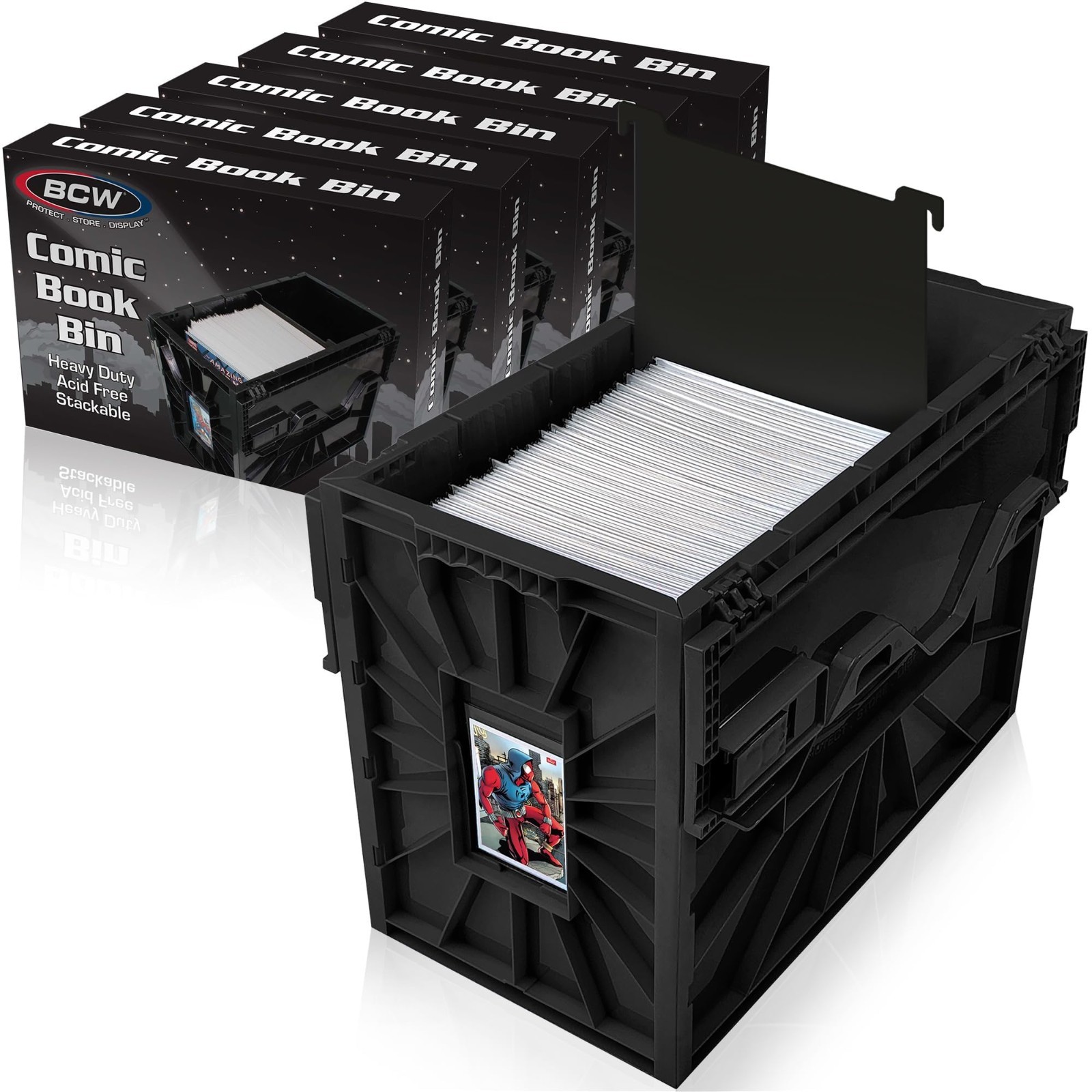 Short Comic Book Storage Bins 5 Pack, Holds 150 Comics Each, Black Plastic