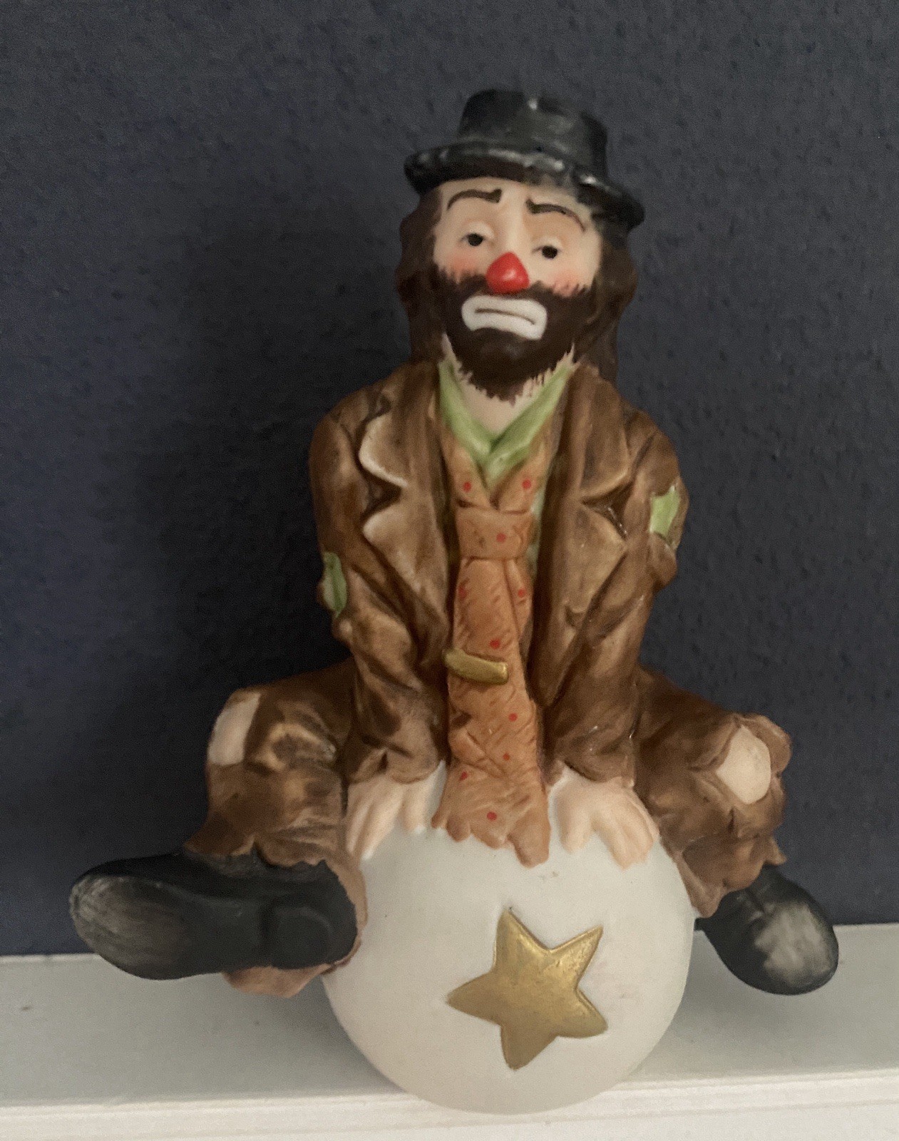 Vintage Flambro Emmett Kelly Jr Porcelain Clown Figurine Seated on Star Ball Vintage Flambro Emmett Kelly Jr Porcelain Clown Figurine Seated on Star Ball