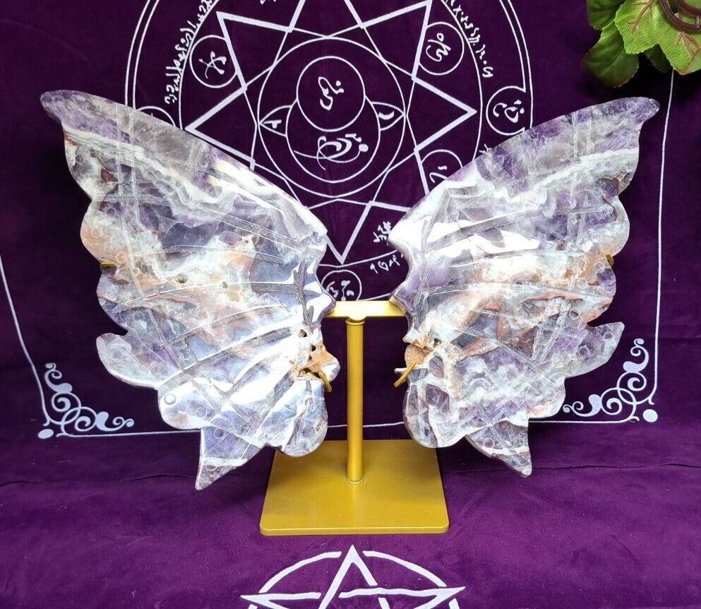 Stunning Big Dream Amethyst Crystal hand carved Butterfly Wings + Stand Chevron
