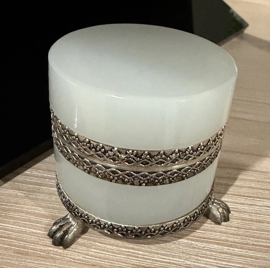 French Style White Opaline Glass Hinged Casket Box Paw Feet Filigree