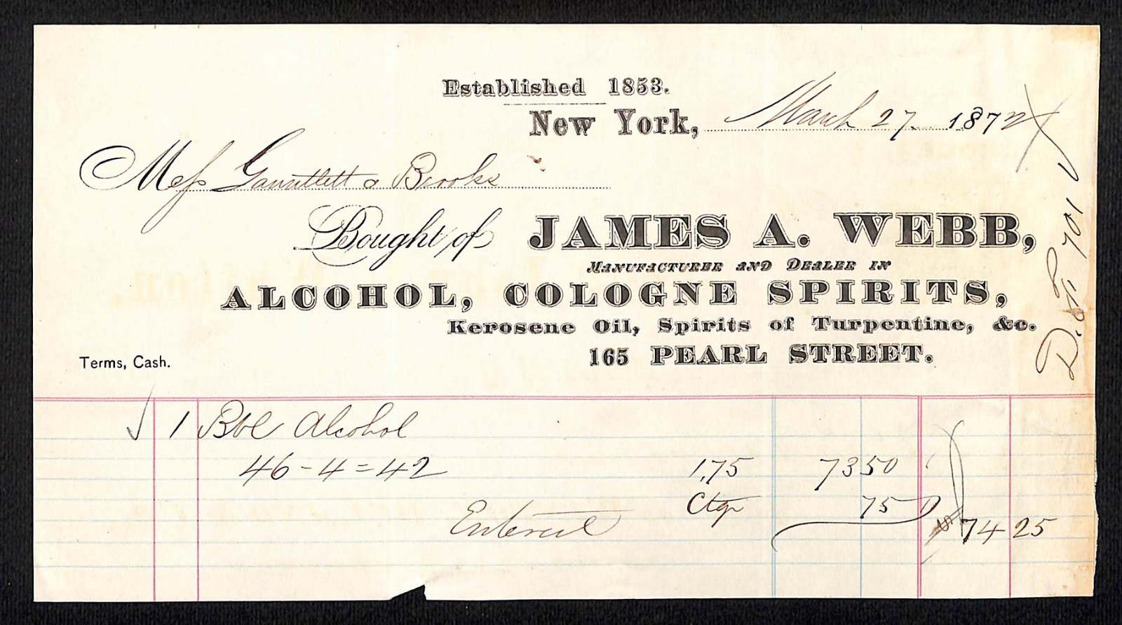 1872 James A. Webb 165 Pearl St. NYC Alcohol Cologne Spirits Billhead