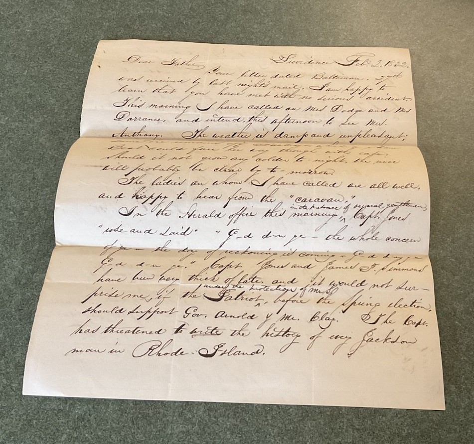 Feb2,1832 Providence RI Walter C. Danforth Writes His Father Walter R. Danforth