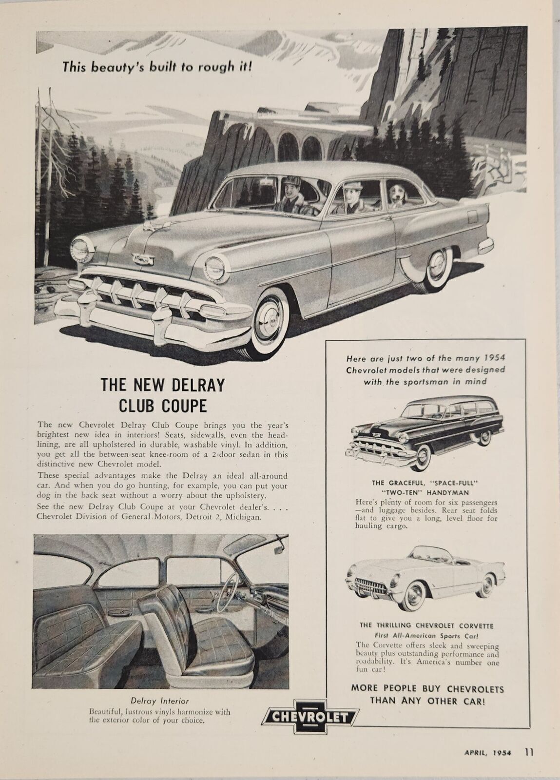 1954 Print Ad Chevrolet Delray Club Coupe,Corvette & Two-Ten Station Wagon Chevy
