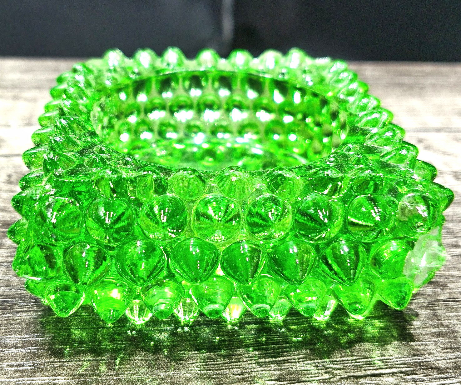 Vintage Fenton Green Glass Spiked Hobnail Salt Cellar Votive 365nm UV Glow