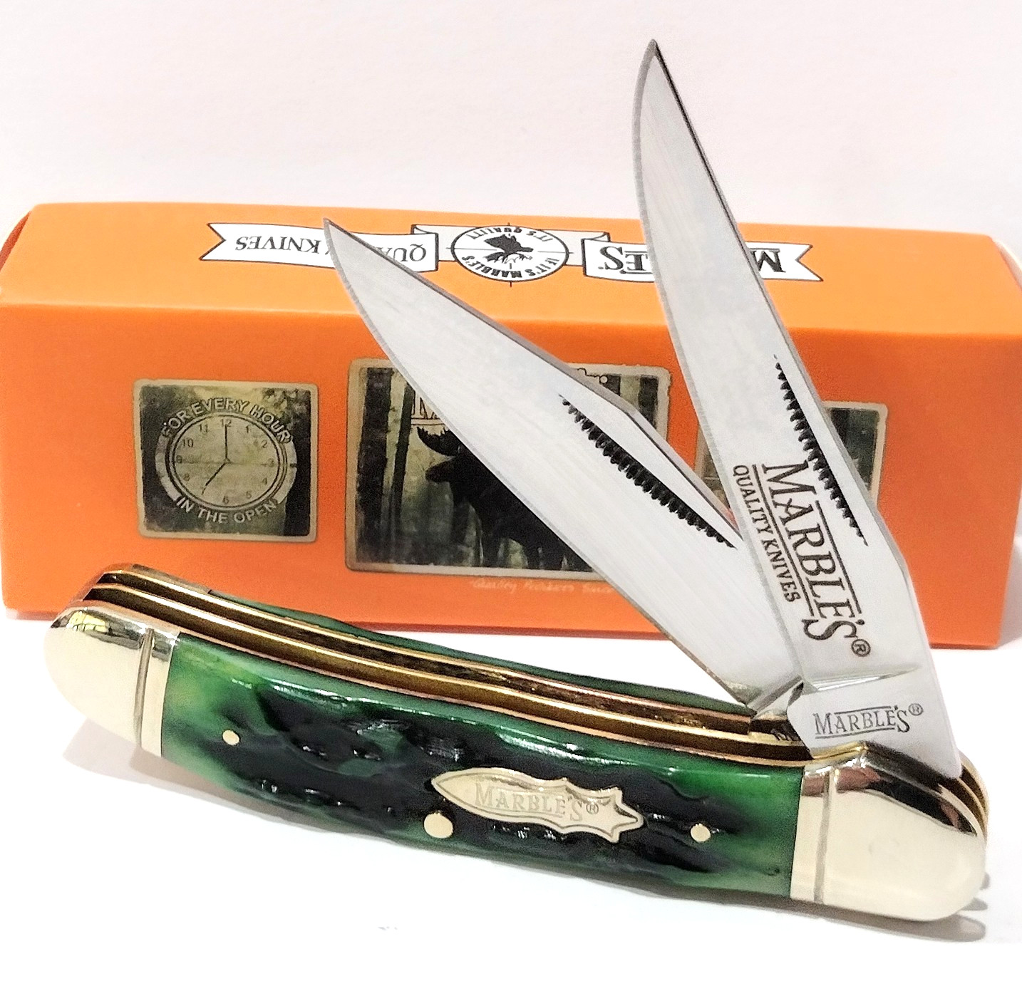 Marble\'s Genuine Green Stag Bone Handles 2 Blade Copperhead Folding Pocket Knife