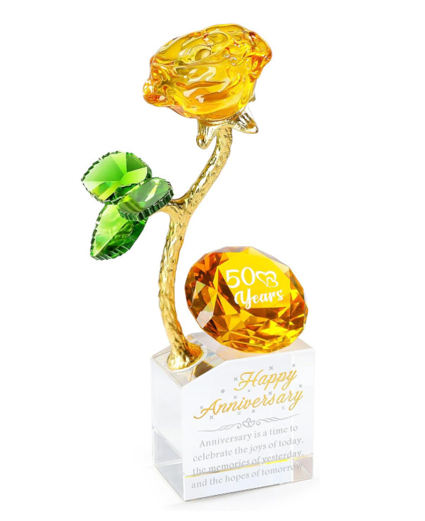 YWHL 50th Wedding Anniversary Crystal Rose Figurine with Amber Diamond Gifts