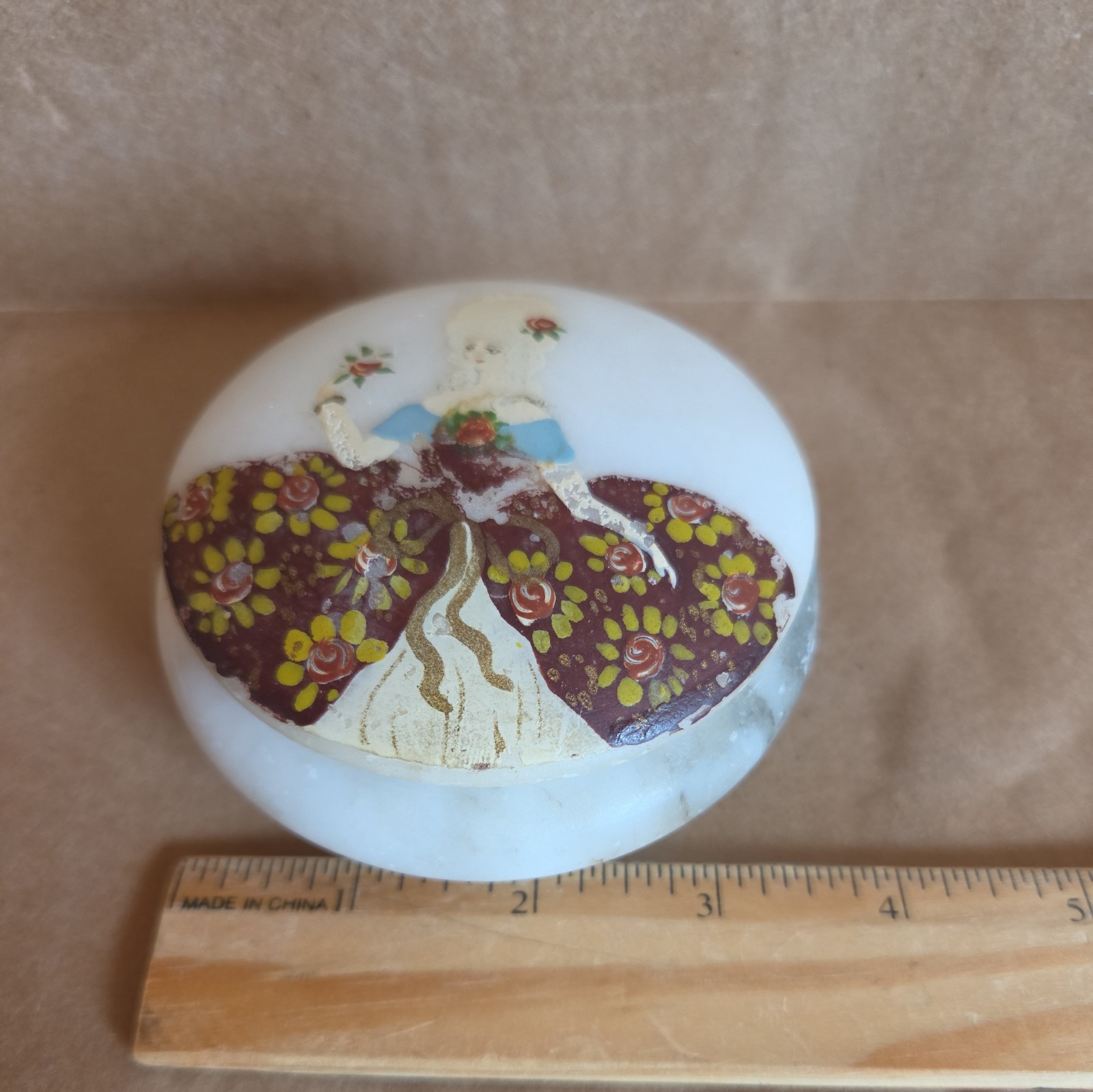 RARE Vintage Alabaster Trinket Powder Jar with Handpainted woman