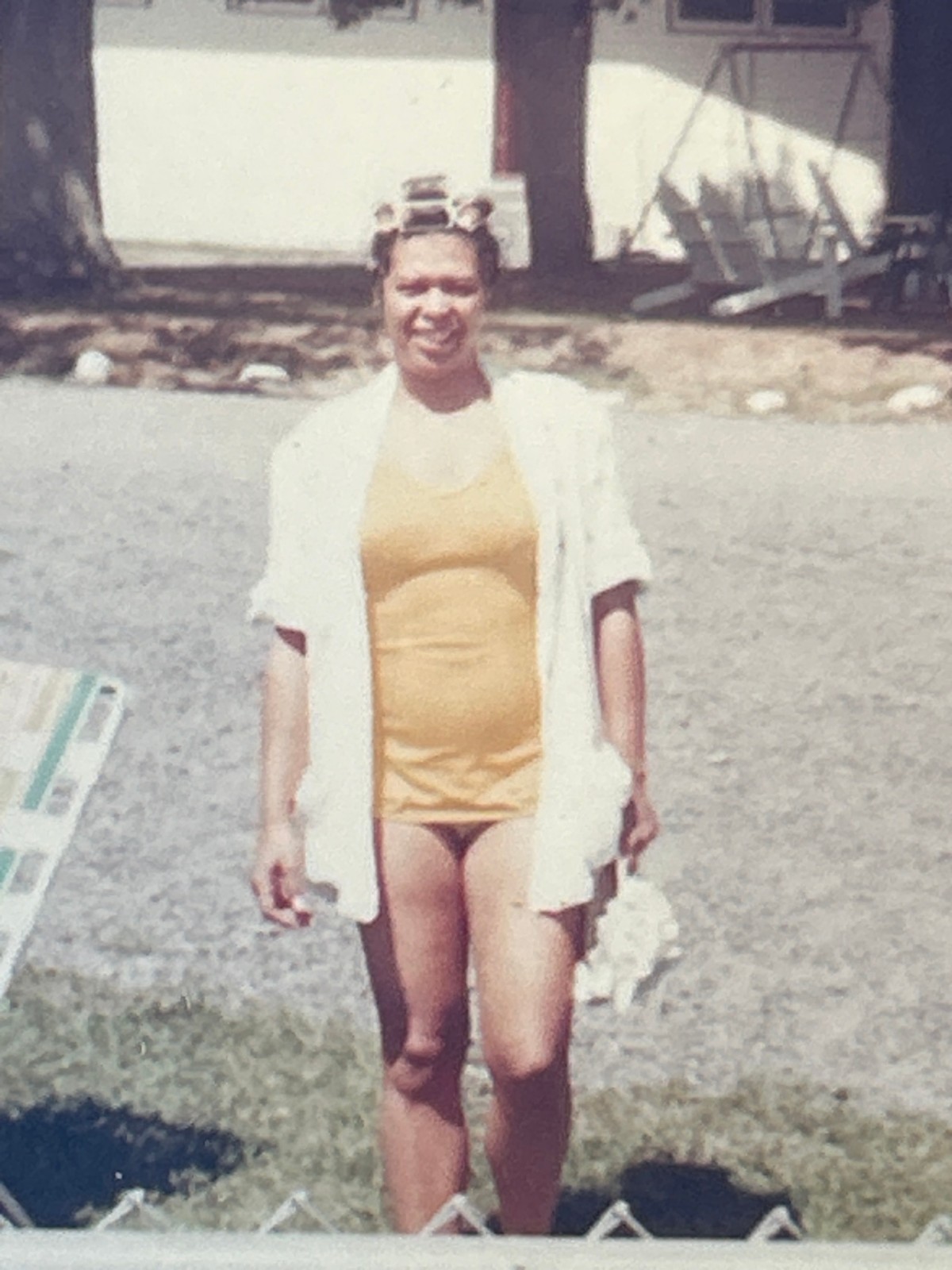 1968 African American Woman in Yellow Swimsuit Poolside Black Americana Photo