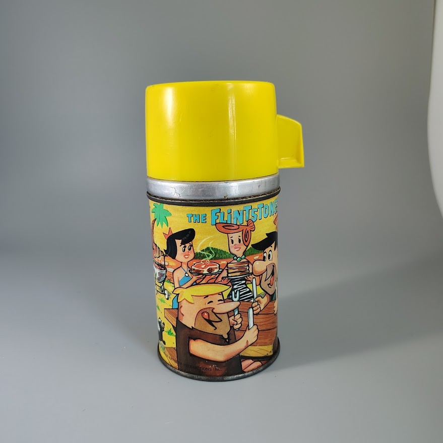 Vintage 1964 Flintstones Metal Thermos Aladdin Hanna Barbera Yellow Cup Cap