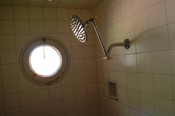 View of a vintage shower head in a tiled shower stall ca1960s Old Photo