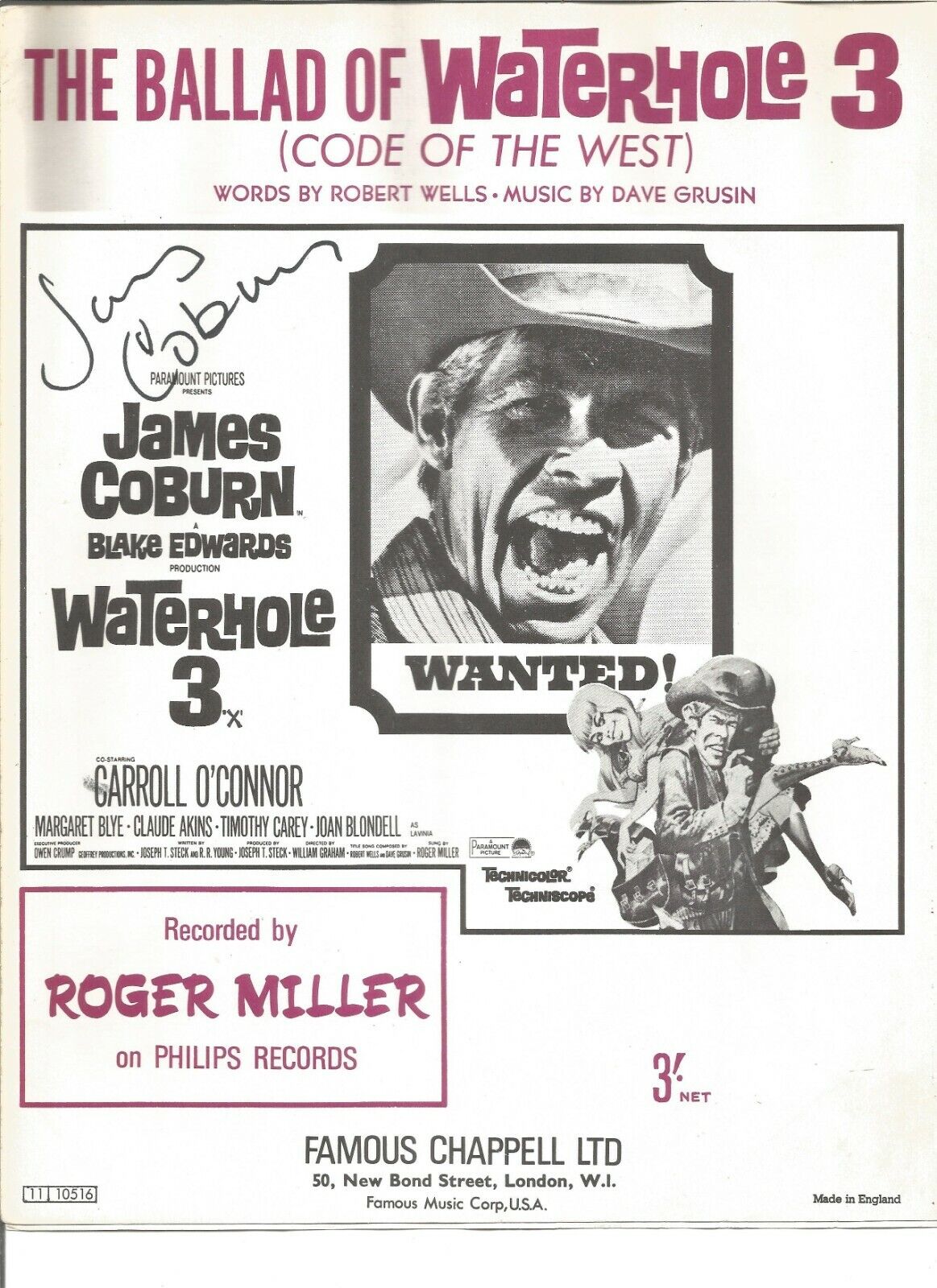James Coburn signed music sheet from his film The Ballad of Waterhole. AFTAL COA
