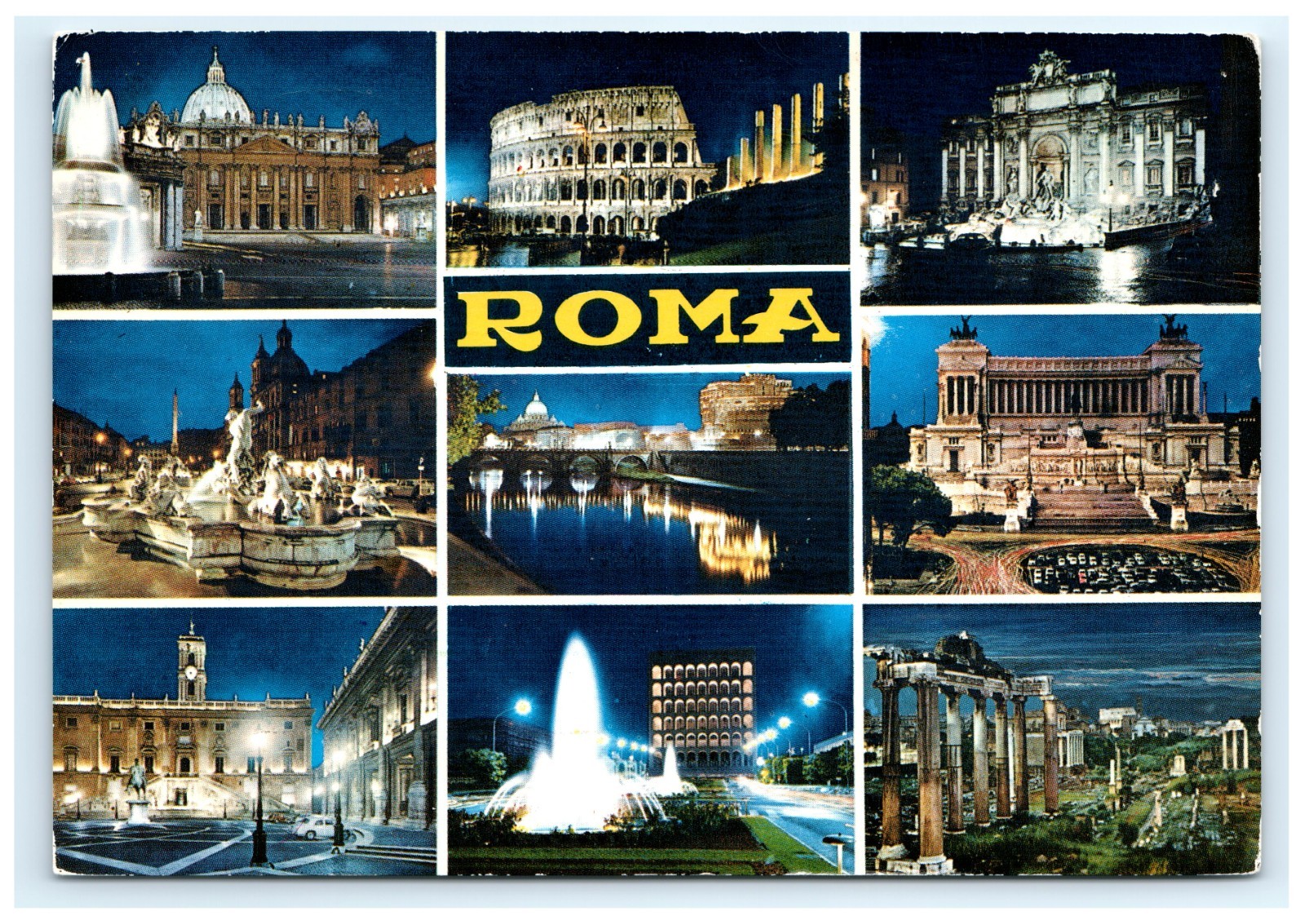 Roma Night Landmarks Colosseum Trevi Fountain Multiview Rome Italy Postcard