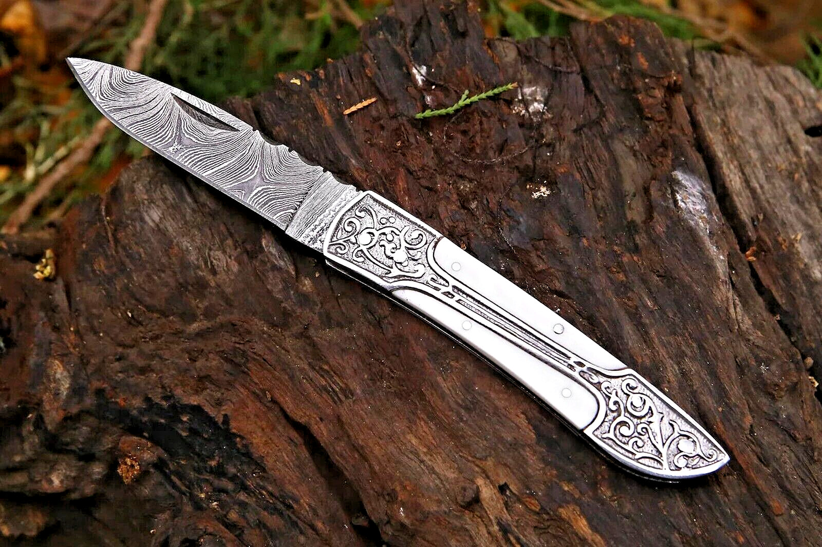CUSTOM MADE HAND FROGED DAMASCUS STEEL FOLDING BLADE POCKET KNIFE W SHEATH 370