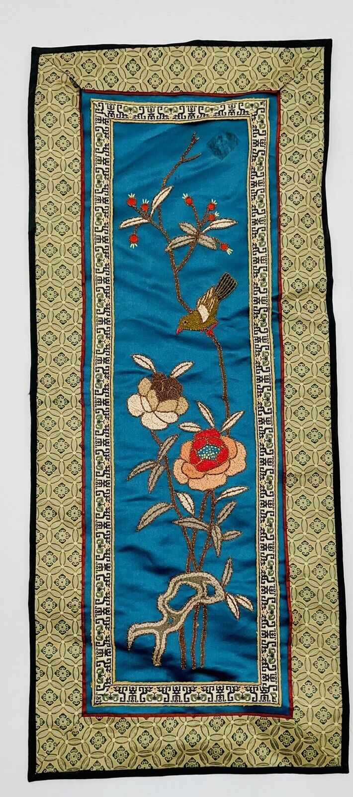 Vintage Chinese Hand Embroidered Silk Wall Hanging Bird Floral Blue Tapestry