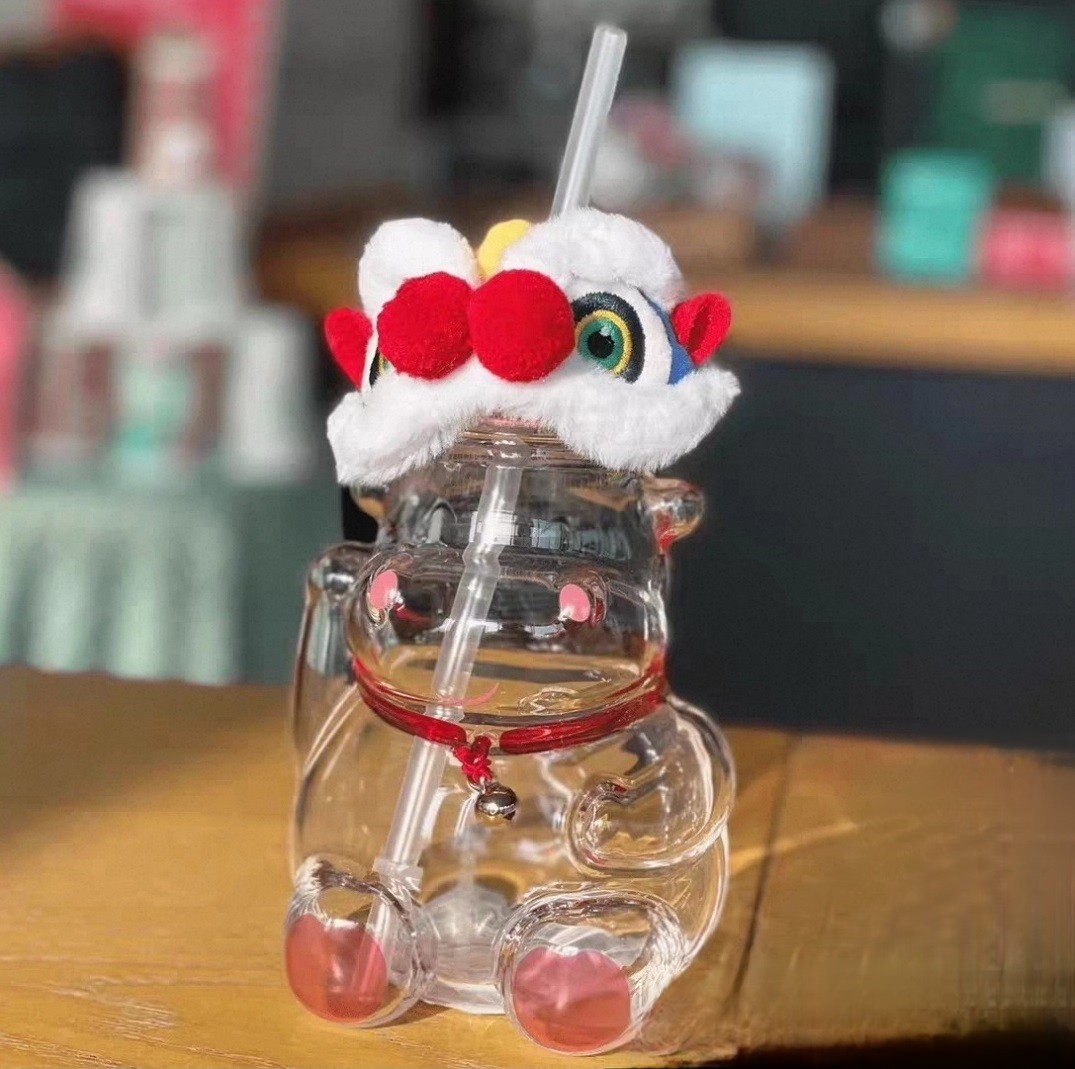 New Starbucks 2021 China Happy Ox Year Lion Dance Cow 17oz Milk Glass Straw Cups