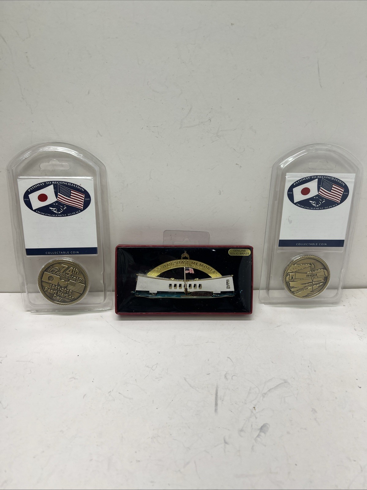 Two Pearl Harbor 74th Anniversary Medallions & USS Arizona Memorial Ornament NEW