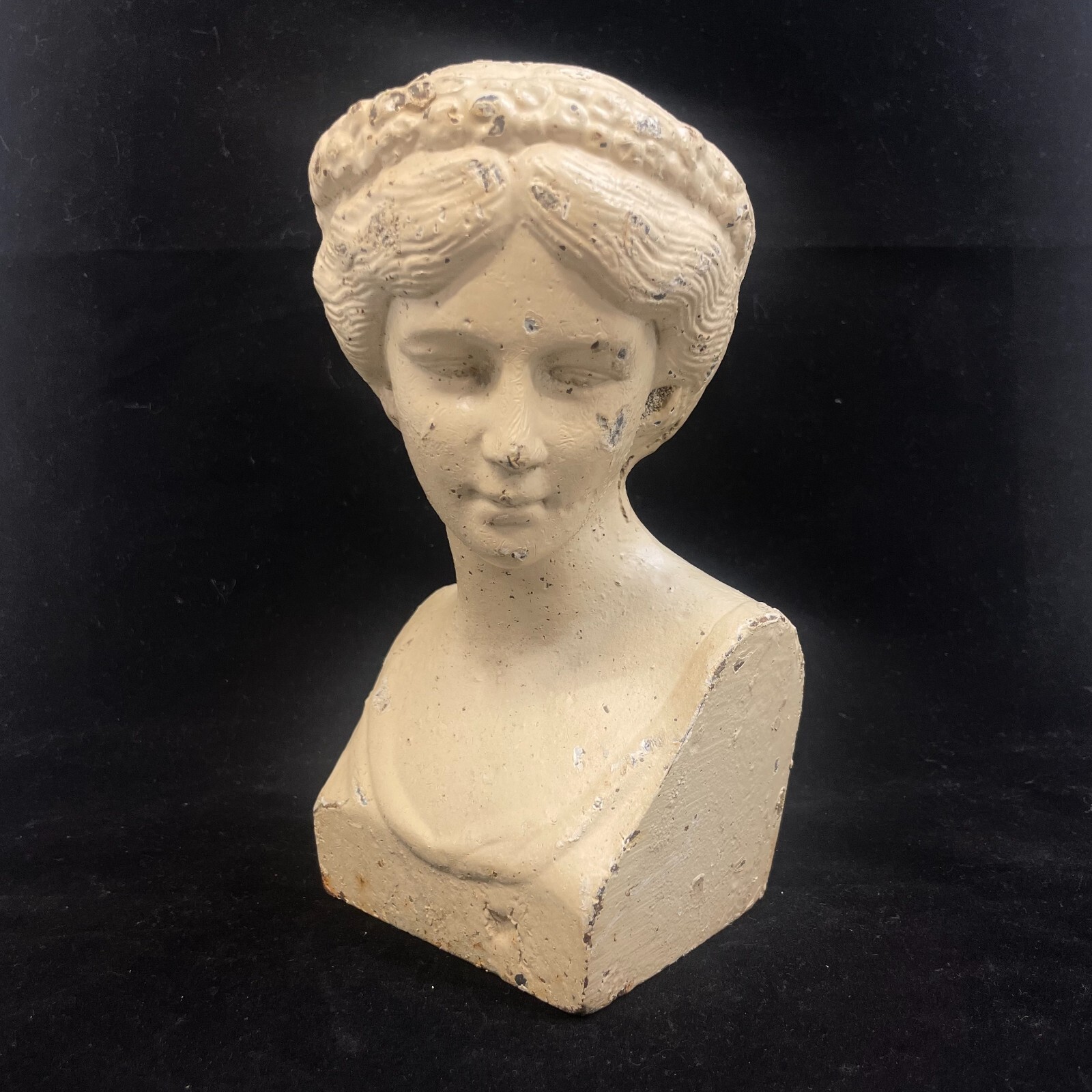 Antique Cast Iron Bust Art Nouveau Woman Lady Female White Chippy Sculpture