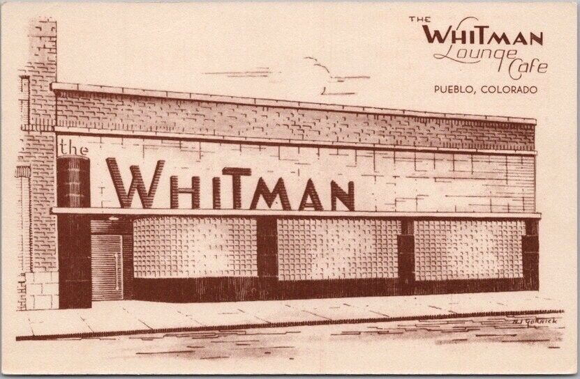 c1950s PUEBLO Colorado Postcard Hotel Whitman LOUNGE CAFE Artist's View / UNUSED