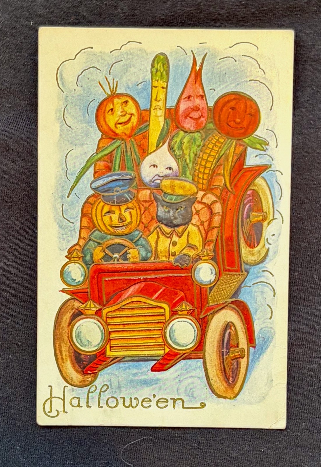 Vtg 1910s Halloween Postcard Whitney JOL Pumpkin Vegetable Car Black Cat Embosse