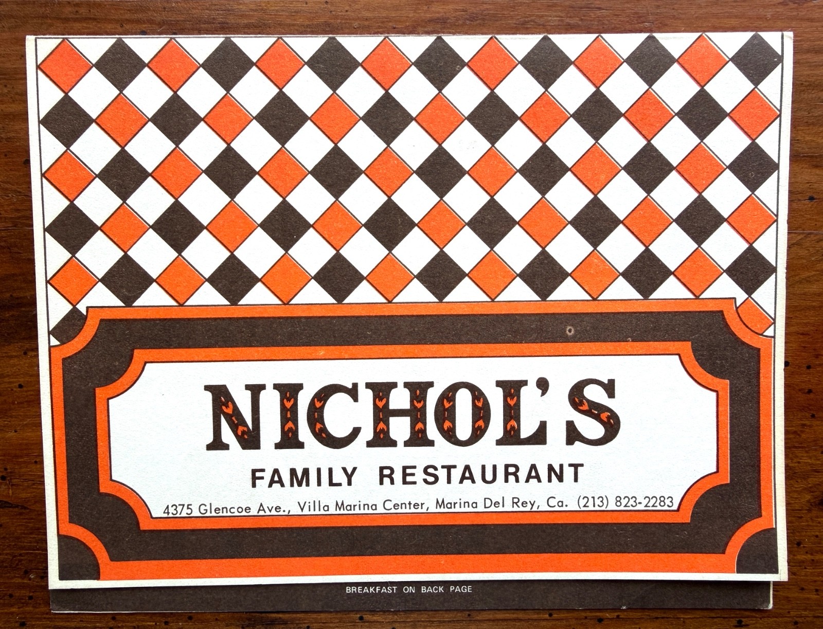 Vintage 1970s Nichols Coffee Shop Diner Menu Marina Del Rey CA Checkered Pattern