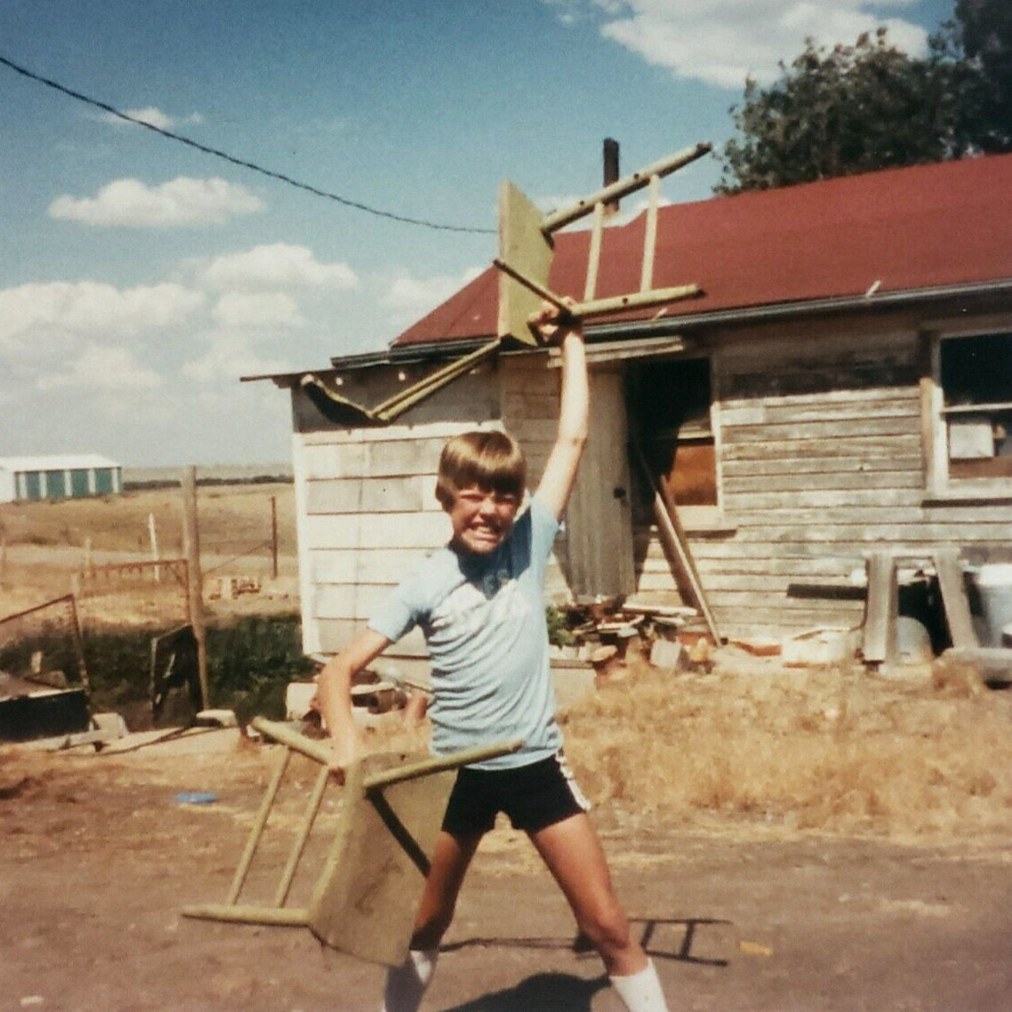 Snapshot Strong Boy Breaking Chair 1980s Color Photo Cincinnati Ohio Child B974
